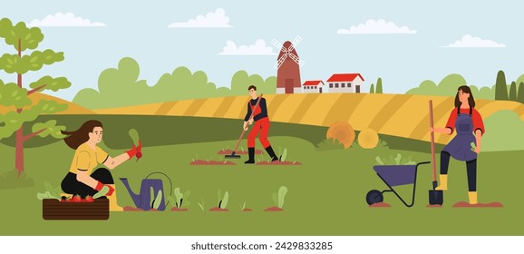 Agricultural employees working in garden. Young people doing seasonal work with equipment vector of agriculture employee illustration worker, farmer character gardener