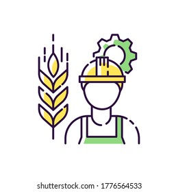 Agricultural engineer RGB color icon. Manufacturing worker to work in agribusiness. Crop cultivation specialist. Gemitation job professional. Farmer worker. Isolated vector illustration