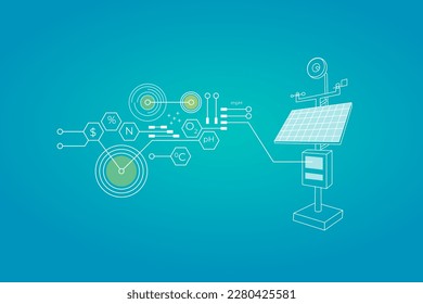 Landwirtschaftliche Ausrüstung, die an Solarzellen angeschlossen ist. Illustration der intelligenten Landwirtschaft im Zusammenhang mit integrierten Schaltkreisen