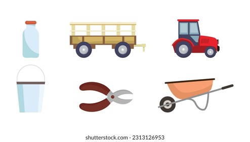 Agricultural equipment and harvesting vehicle concept of organic farm product Farm fresh product. Farm milk bottle, tractor truck, tractor, milking bin, pruning and garden shear, push cart.