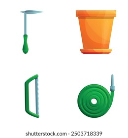 Agricultural equipment icons set cartoon vector. Work inventory. Horticulture, farming, yard work