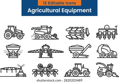 Agricultural equipment line icons vector set featuring farm tractors harvesters plows and sprayers for modern crop cultivation and agritech