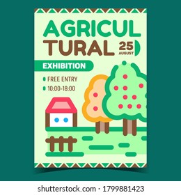 Agricultural Exhibition Advertising Banner Vector. Agricultural Forum Or Conference, Garden And Farm Building On Promotional Creative Poster. Concept Template Style Color Illustration