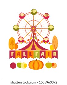 Agricultural Fall Fair Fun Flat Color Vector Poster. Family Enjoy Autumn Season Holiday Celebration Cartoon Illustration. Fall Festival Rides, Traditional Farmer Harvest Market Pumpkin Apple Festival