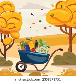 Agricultural fall illustration with a wheelbarrow filled with vegetables. Poster, banner
