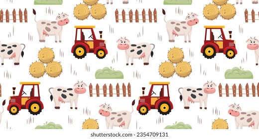 Agricultural farm background with a cute cow and tractor