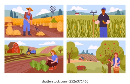 Anuncios agrícolas. Los agricultores cosechan cosechas, cuidan animales de granja y aran la tierra, producción de alimentos orgánicos conjunto de Ilustraciones vectoriales planas. Escenas de la temporada de cosecha de tierras agrícolas