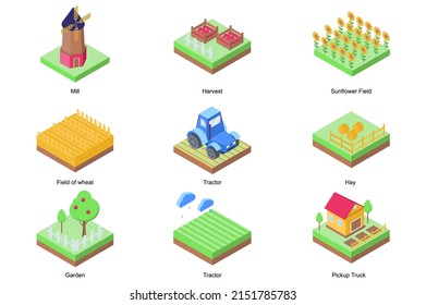 Agricultural farm concept 3d isometric icons set. Pack elements of mill, harvest, sunflower and wheat field, tractor, hay, garden, rain and farmland. Vector illustration in modern isometry design