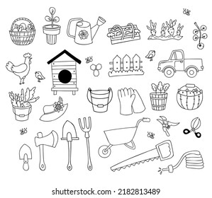 Agricultural and farm doodles. Truck, potted seedlings, beehive, garden tools, shovel, axe, rooster, chicken, garden hose, carrot bed, greenhouse with plants and wooden fence. Vector isolated element