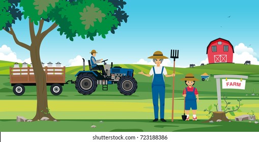 Agricultural farm families with barns and tractor