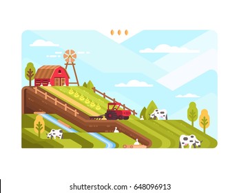 Agricultural farm with fields and livestock