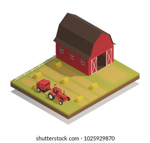 Agricultural farm harvesting machinery with hay making equipment compact tractor and large barn isometric composition vector illustration 