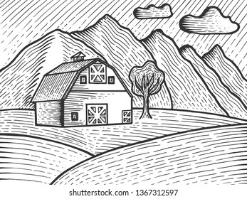 Agricultural Farm rural landscape sketch engraving vector illustration. Scratch board style imitation. Black and white hand drawn image.