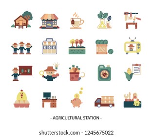 Agricultural and farm station icons set in natural color theme. Friendly illustration design using less objects, simple lines and plain colors. Easy to use for factory, village  or farm-stay resort.