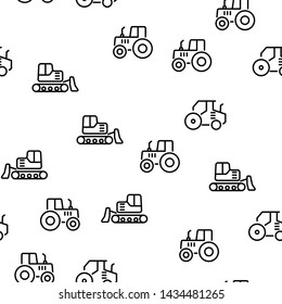 Agricultural Farm Vehicle Seamless Pattern Vector. Tractor, Agrimotor, Harvester And Bulldozer Vehicle Monochrome Texture Icons. Machine Technic Wheel Equipment Template Flat Illustration