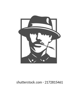 Agricultural farmer man with straw in mouth monochrome logo vintage vector illustration. Countryside male worker agronomist head seasonal harvest assembling farm market livestock breeding