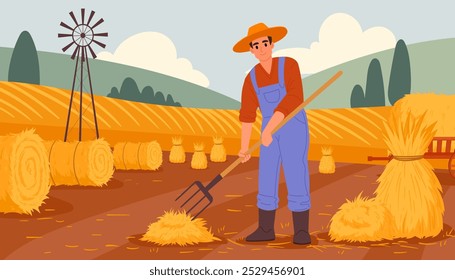 Agricultural farmer work with hay. Farm worker with hay pitchfork, rural harvesting flat vector background illustration. Farmland work scene