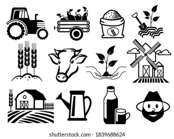 Agricultural and farming icon set isolated on white background.Tractor, cow,windmill,weat,and vintage farm buildind on the field silhouette vector illustration for web and app design.