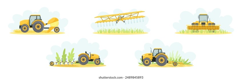 Agricultural and Farming Machinery and Equipment on Field Vector Set