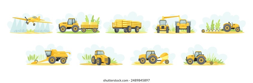 Agricultural and Farming Machinery and Equipment on Field Vector Set