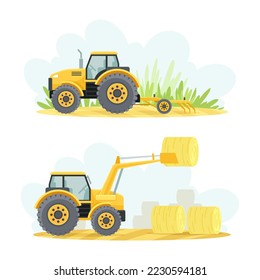 Agricultural Farming Machinery with Plow and Tractor Piling Hay Rolls Vector Set