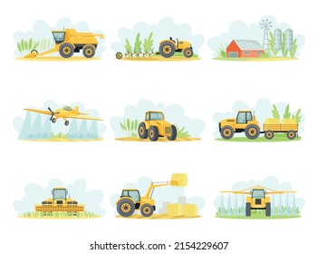 Agricultural farming machinery set. Tractor, plow, combine harvester, airplane, crop sprayer vector illustration svg