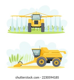 Agricultural Farming Machinery with Sprayer and Combine Harvester Vector Set