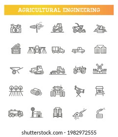 Agricultural and farming machines icons set with tractor combine flat vector illustration