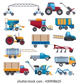  Agricultural and farming machines icons set with tractor combine and plough flat isolated vector illustration 