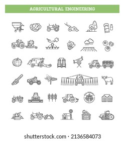 Agricultural and farming machines vector icons set