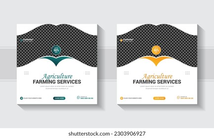 Agricultural farming service social media banner. Agro farm business flyer design and web banner template design. Lawn mower gardening,organic farm square flyer and web banner.