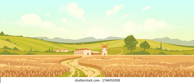 Agricultural field flat color vector illustration. Italian farmland 2D cartoon landscape. Rural scenery. Autumn in European village. Wheat harvest season. Traditional windmill. Flour production