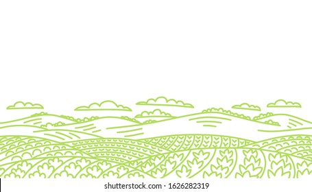 Agricultural field landscape. Vegetables garden farming. Rural countryside. Vector hand-drawn sketch line drawing.