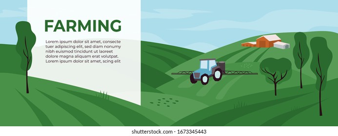 Campos agrícolas con tractor de riego. Rociar o regar en la agricultura. Ilustraciones vectoriales con paisaje de cultivo y tractor vierte fertilizante. Plantilla para banner, volante, diseño, anuncio.