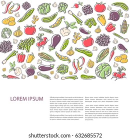 Agricultural flyer template with hand drawn vegetables, flat style vector. Various organic product for healthy food. Place for text