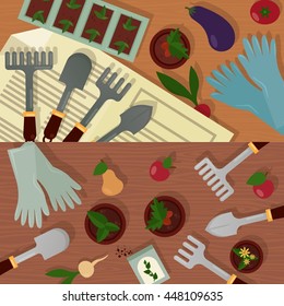 Agricultural and garden accessories or equipment, tools and instruments. Trowel and shovel, radish and eggplant, tomato and carrot, rubber gloves and pot with plants, radish and apple, pear and carrot