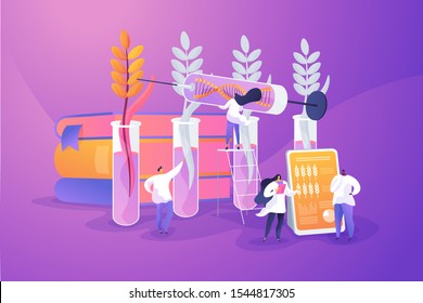 Agricultural Genetics. Plants Growing In Test Tube. Scientists Breeding Artificial Crop. Genetically Modified Plants, GM Crops, Biotech Crops Concept. Vector Isolated Concept Creative Illustration