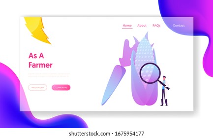 Agricultural Genetics Technology Landing Page Template. Tiny Male Scientist Character with Magnifier Look on Huge Genetically Modified Corn and Carrot. Genome Engineering. Cartoon Vector Illustration