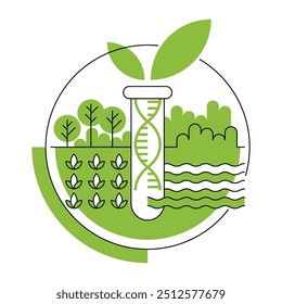 Modelo do logotipo de biotecnologia verde agrícola - ciência que envolve o uso de técnicas científicas para modificar organismos vivos. Ícone na linha fina