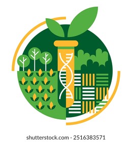 Plantilla del logotipo de la biotecnología verde agrícola: ciencia que implica el uso de técnicas científicas para modificar organismos vivos. Icono en colores planos