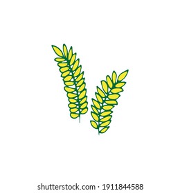 Agricultural Harmony: Rice plant and grain vector illustration with a green outline design. Perfect for conveying the essence of agriculture and natural growth in visuals