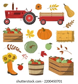 Agricultural harvest collection. Tractor with trailer, apples in bucket and crate, pumpkins, hay straw. Isolated on white background. Thanksgiving Day design.