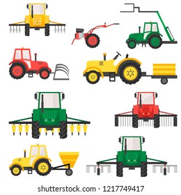 Agricultural harvesting vehicles set with tractor harvesting trailer.