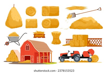 Heuernte in der Landwirtschaft, Vektorgrafik. Cartoon einzeln auf Bauernhöfen, Sammlung von Heuschrecken und Ballen, goldener Strohhalm und Traktorhaiballen, Kahn- und Pitchgabel, Holzhütte