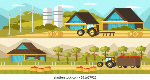 Agricultural horizontal banners with modern houses tractor garden organic fruits barn windmills bales of hay vector illustration