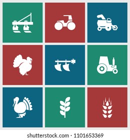 Agricultural icon. collection of 9 agricultural filled icons such as wheat, tractor. editable agricultural icons for web and mobile.