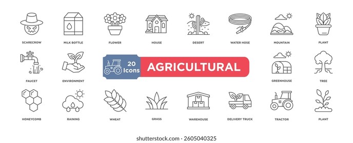 agricultural icon collection set. Containing design scarecrow, milk bottle, flower, house, desert, water hose, mountain, plant, faucet, greenhouse, tree, honeycomb, raining, wheat, grass, warehouse