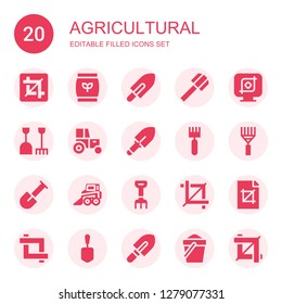 agricultural icon set. Collection of 20 filled agricultural icons included Crop, Fertilizer, Shovel, Tractor, Rake, Backhoe, Sand
