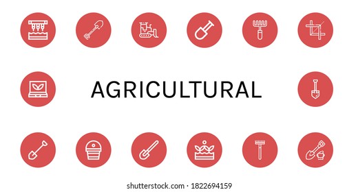 agricultural icon set. Collection of Seeder, Shovel, Bulldozer, Rake, Crop, Fertilizer, Crops, Smart greenhouse icons