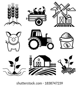 Agricultural icon set isolated on white background.Tractor, cow,windmill,weat,and vintage farm buildind on the field silhouette vector illustration for web design.